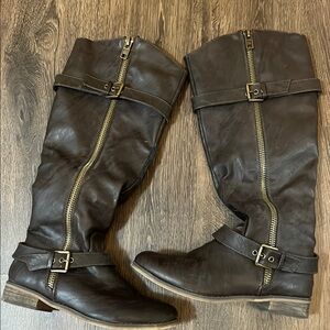 Brown Leather Knee-High Boots with Buckles